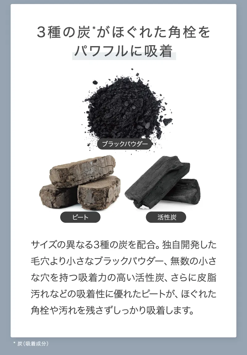 3種の炭がほぐれた角栓をパワフルに吸着