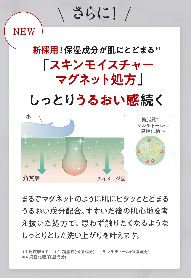 さらに! 新採用! 保湿成分が肌にとどまる「スキンモイスチャーマグネット処方」