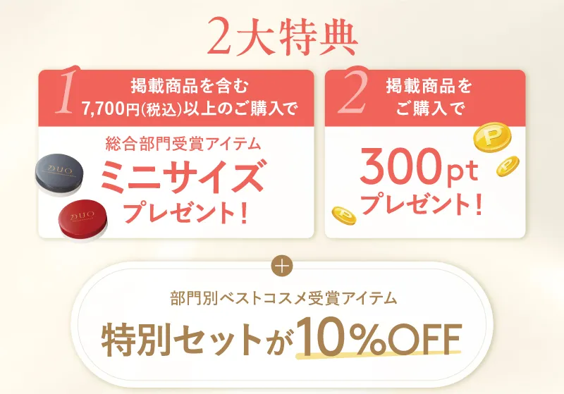 2大特典 1:掲載商品を含む7,700円以上のご購入でミニサイズプレゼント! 2:掲載商品をご購入で300ptプレゼント!