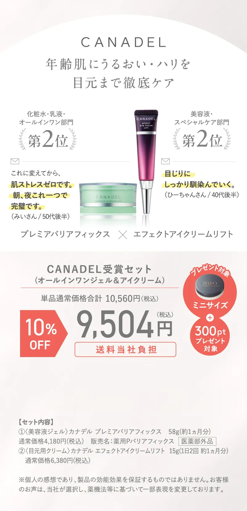 CANADEL(カナデル)受賞セット(オールインワンジェル&アイクリーム) ミニサイズ+300ポイントプレゼント 10%OFF