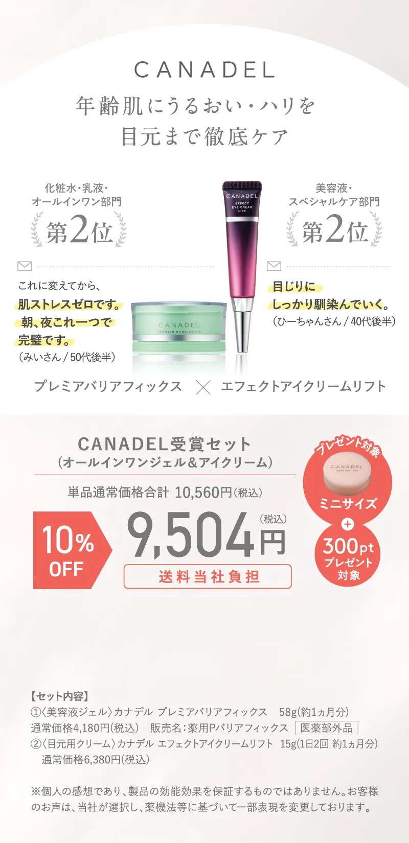CANADEL(カナデル)受賞セット(オールインワンジェル&アイクリーム) ミニサイズ+300ポイントプレゼント 10%OFF